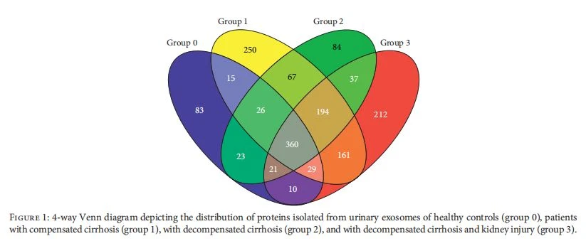 : 4-way Venn diagram depicting the distribution of proteins isolated from urinary exosomes of healthy controls (group 0), patients with compensated cirrhosis (group 1), with decompensated cirrhosis (group 2), and with decompensated cirrhosis and kidney injury (group 3)