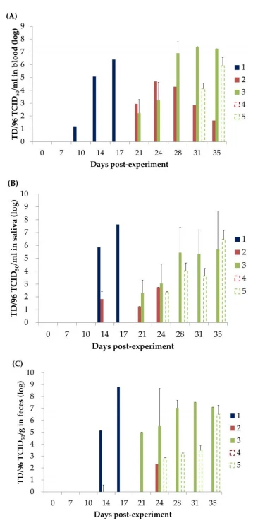 Figure 3. CSFV loads are present in the (A) blood, (B) saliva, and (C) feces of the piglets in each group.